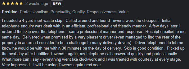 Screenshot of a five-star Google review praising Towens for professional, punctual, and courteous skip hire service in October 2023.