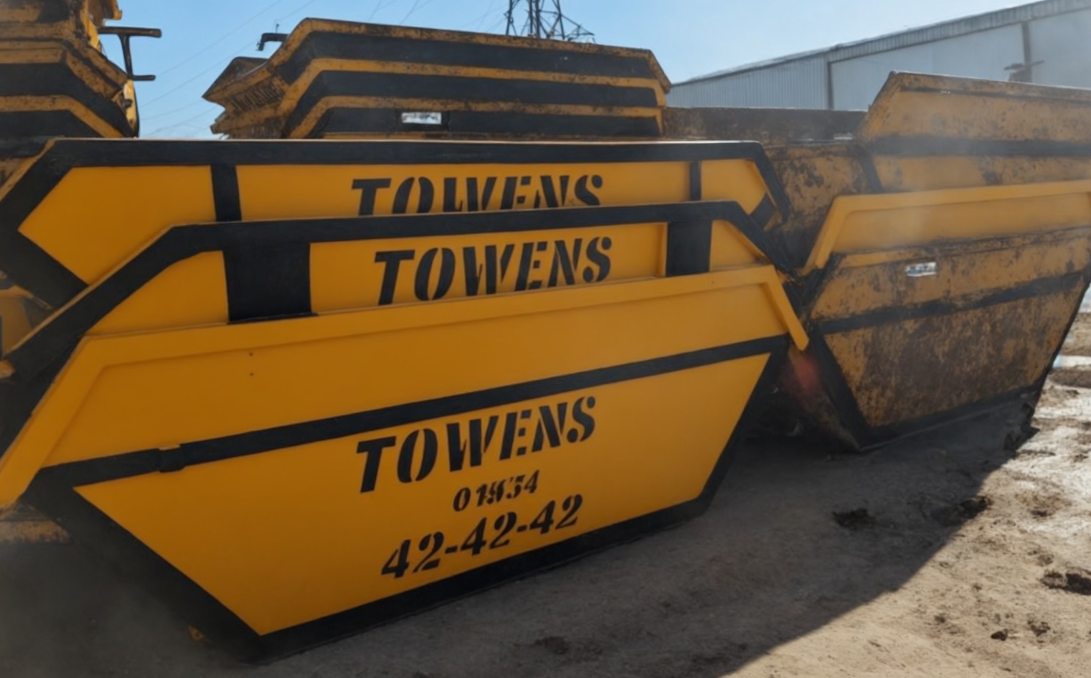 A lineup of various sized yellow Towens skips, each prominently displaying the Towens logo and contact number 