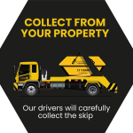 Graphic icon showing a skip lorry collecting a skip with the text “Collect from your property – Our drivers will carefully collect the skip