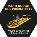 Infographic icon showing a worker manually sorting waste on a picking belt with the caption “Put through our picking belt – Where our team will sift through further