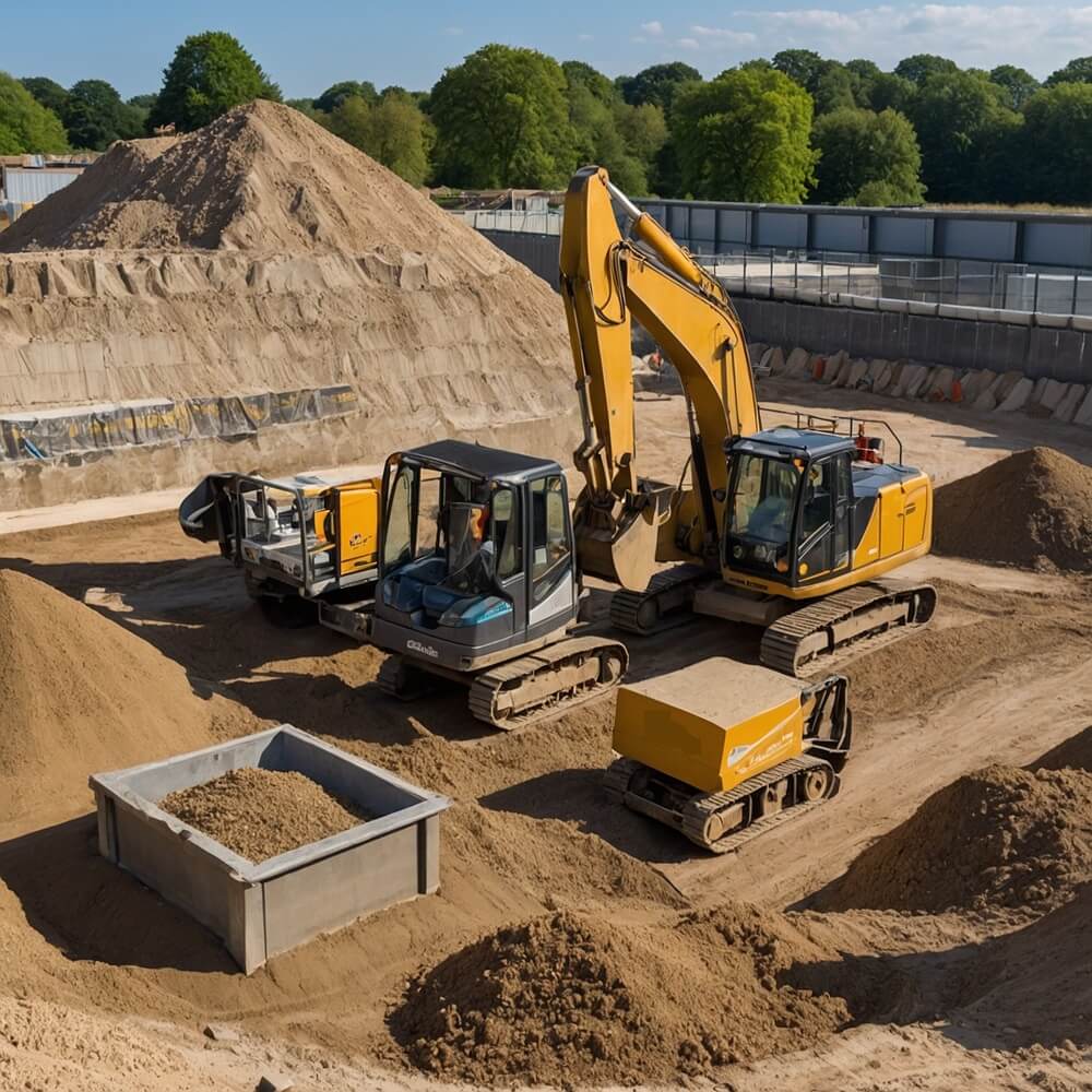 Construction site with excavators moving sand and aggregates under a clear sky.