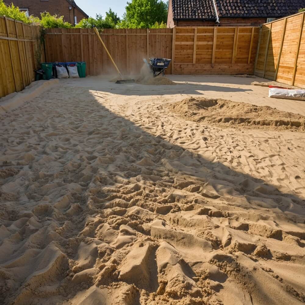 Residential backyard under renovation with sand being levelled for landscaping or paving.