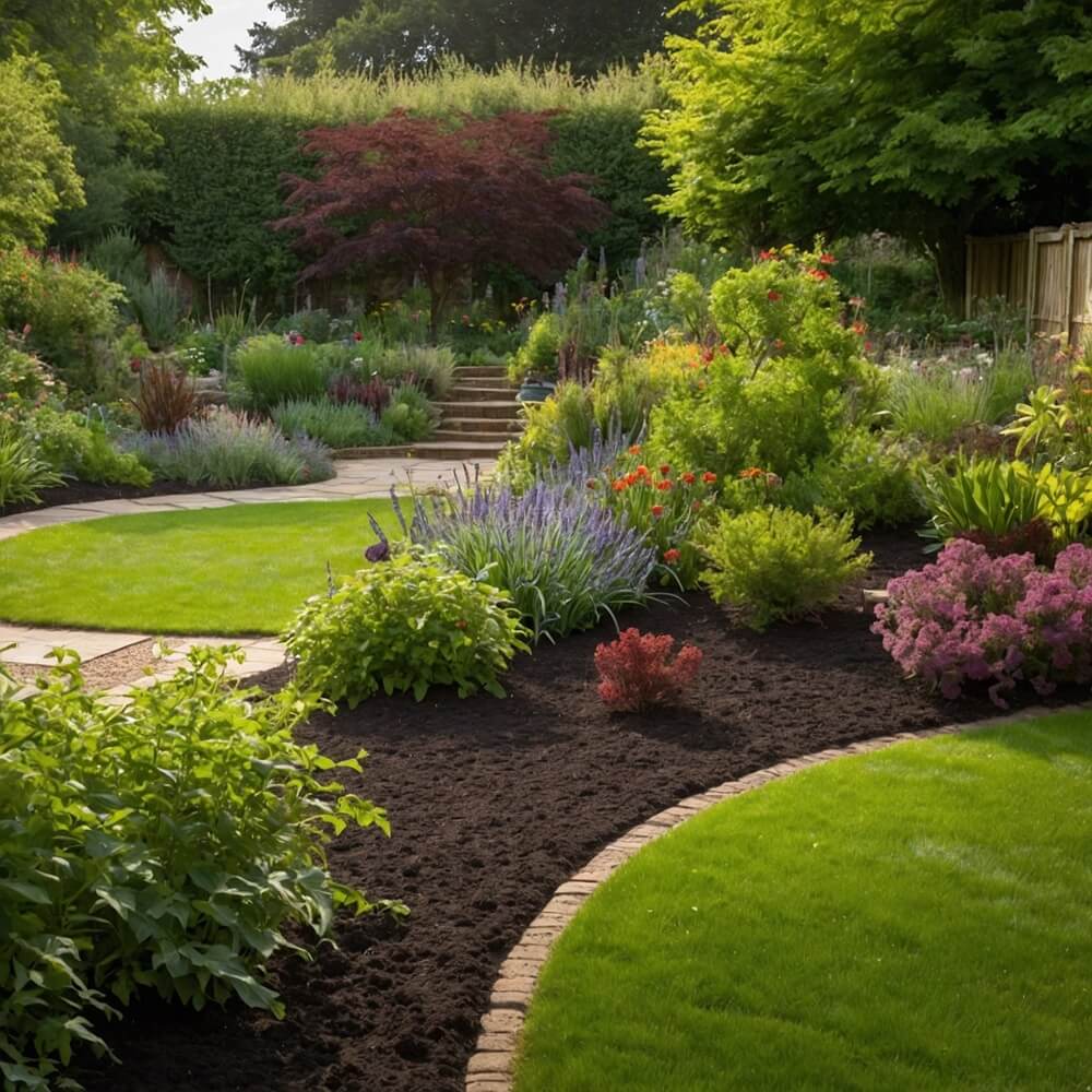 Serene residential garden with vibrant plants growing in fresh topsoil, framed by a well-maintained lawn and greenery.